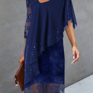 Women Floral Half Sleeve Comfy Party Lace Short Dress, Dresses, color:Blue|size:XXL, Noracora