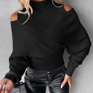 Cold Shoulder Overlap Hollow Out Knit Sweater, Sweaters & Cardigans, chicme - Women's Fashion Online