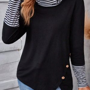 Casual Striped Turtleneck Long Sleeve T-shirt, T-shirts, color:Black|size:XXL, Noracora