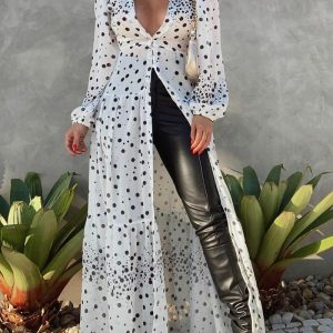 Polka Dot Long Sleeve Button Front Maxi Dress, women Maxi Dresses, ChicMe catalog