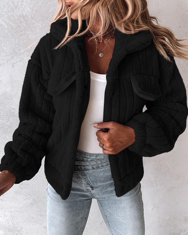 Turn-down Collar Button Front Flap Detail Teddy Jacket Casual Textured Striped Warm Coat, women Jackets & Coats, ChicMe catalog - Image 3