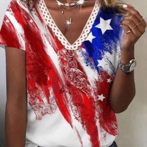 Flag Star Striped Printed Casual Loose V NeckShort Sleeve Blouse, T-shirts, color:As Picture|size:XXL, Noracora