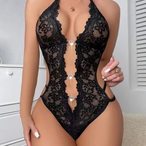 Heart Decor Halter Backless Lace Teddy, Teddies, chicme - Women's Fashion Online