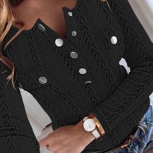 Buttoned Ribbed Long Sleeve Top, T-shirt & Tees, chicme - Women's Fashion Online