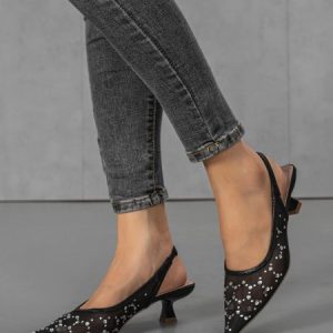 Elegant Rhinestone Breathable Metal Pyramid Heeled Slingback Pumps, Heels, color:Black|size:43, Stylewe