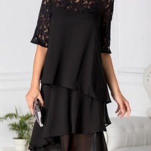 Women Plain Crew Neck Short Sleeve Comfy Casual Lace Midi Dress, Dresses, color:Black|size:XXL, Noracora