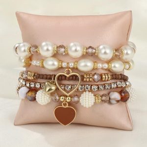 5pcs Heart Pattern Beaded Pearls Rhinestone Decor Bracelets Set, Bracelet, chicme - Women's Fashion Online
