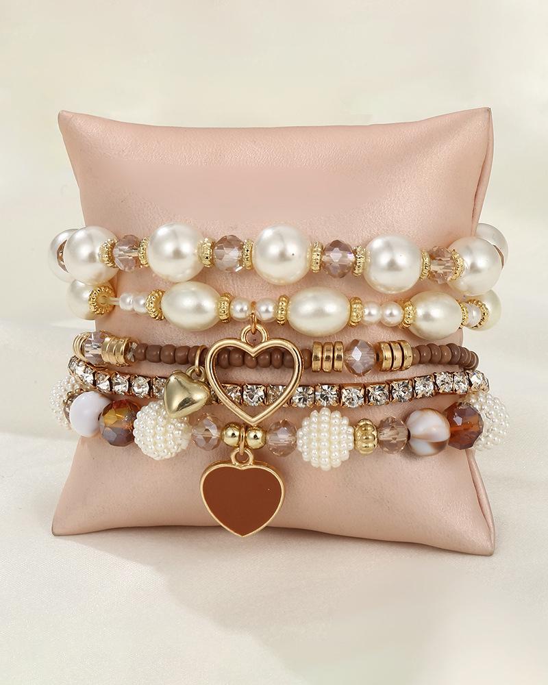 5pcs Heart Pattern Beaded Pearls Rhinestone Decor Bracelets Set, Bracelet, chicme - Women's Fashion Online