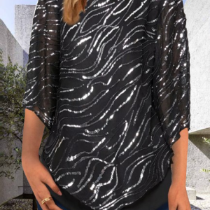 Crew Neck Cap Sleeve Plain Regular Loose Blouse For Women, Blouses, color:Black|size:XXL, Noracora