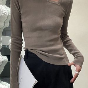 Asymmetrical Plain Regular Fit Simple Sweater, Pullovers, color:Gray-brown|size:XXL, Stylewe