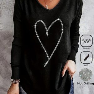 Casual Heart/Cordate V Neck Long Sleeve T-shirt, T-shirts, color:Black|size:XXL, Noracora