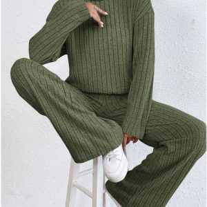 Women Plain Turtleneck Long Sleeve Comfy Casual Top With Pants Two-Piece Set, Sets, color:Army Green|size:XL, Noracora