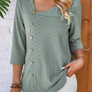 Shawl Collar Three Quarter Sleeve Plain Regular Micro-Elasticity Loose Shirt For Women, Blouses, color:Green|size:XXL, Noracora