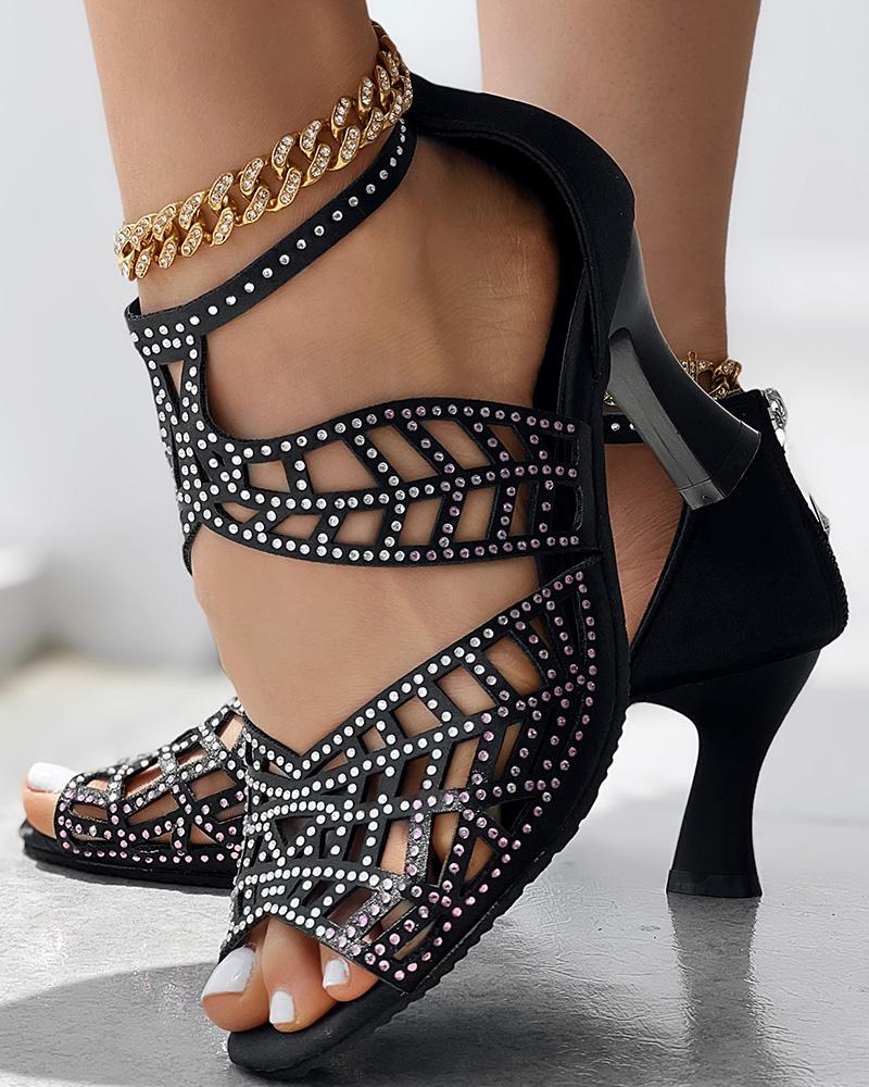 Zip Back Rhinestone Cutout Peep Toe Dance Heels, Heeled-Sandals, chicme - Women's Fashion Online