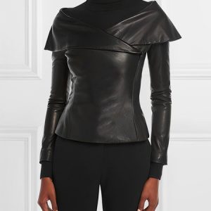 Urban Cross Neck Plain Long Sleeve Faux Leather Top, Tops, color:Black|size:XXL, Stylewe