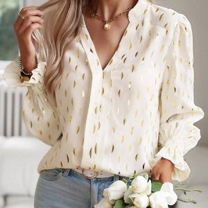 V Neck Long Sleeve Geometric Regular Loose Shirt For Women, Blouses, color:Apricot|size:XL, Noracora