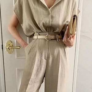 Lapel Collar Loose Short sleeve Plain Urban Blouse, Blouses and Shirts, color:Apricot|size:XS, Stylewe
