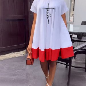 Short sleeve Urban Regular Fit Crew Neck Dress, Mini Dresses, color:White|size:XXL, Stylewe