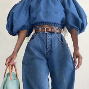 Cold Shoulder Urban Denim Regular Fit Denim Top, Tops, color:Blue|size:XXL, Stylewe