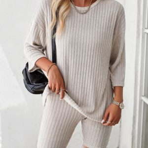 Women Plain Crew Neck Three Quarter Sleeve Comfy Casual Top With Pants Two-Piece Set, Sets, color:Apricot|size:XL, Noracora