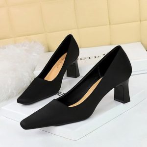 Women Minimalist Satin Block Heel Pumps, Heels, color:Black|size:40, Stylewe
