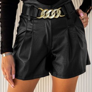 Chain Decor PU Leather Shorts, Shorts, chicme - Women's Fashion Online