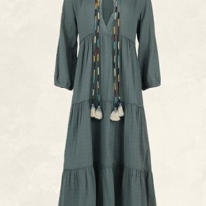 Women Plain Three Quarter Sleeve Comfy Vacation Maxi Dress, Dresses, color:Army Green|size:XXL, Noracora