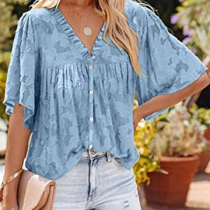 V Neck Short Sleeve Plain Regular Loose Shirt For Women, Blouses, color:Blue|size:XXL, Noracora