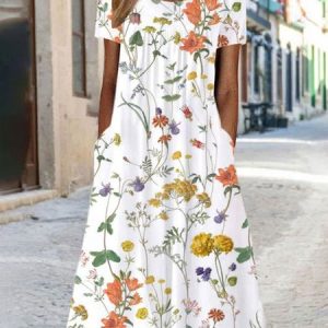 Women Floral Crew Neck Short Sleeve Comfy Vacation Midi Dress, Vacation Dresses, color:White|size:XXL, Noracora