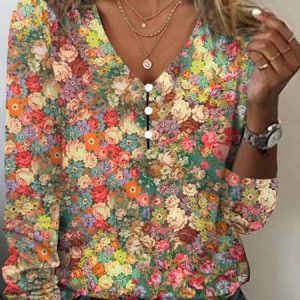 Plus Size Casual Floral Loose T-Shirt, Long sleeves, Lilicloth.com
