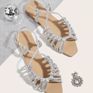 Vacation Braided Hollow Out Adjustable Buckle Flat Sandals, Sandals, color:Silver|size:42, Stylewe