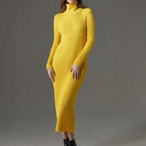 Urban Plain Turtleneck Long Sleeve Sweater Dress, Maxi Dresses, color:Yellow|size:XXL, Stylewe