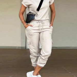 Round Neck Top & Drawstring Cuffed Pants Set, Two-piece Sets, chicme - Women's Fashion Online