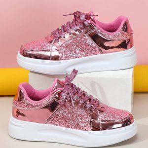Street Plain Non-Slip Lace-Up Flat Heel Skate Shoes Split Joint, Sneakers&Athletic, color:Pink|size:44, Noracora