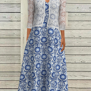 Women Geometric V Neck Short Sleeve Comfy Casual Lace Coat With Skirt Two-Piece Set, Sets, color:Blue|size:XXL, Noracora