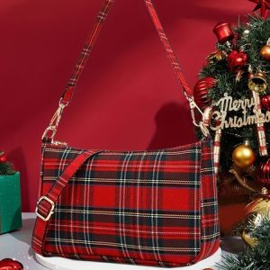 Christmas Red Plaid Casual Canvas Underarm Baguette Bag, Bags, color:Red|size:One-size, Noracora