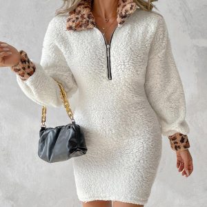 Contrast Leopard Zip Front Lantern Sleeve Teddy Casual Dress, Casual Dresses, chicme - Women's Fashion Online