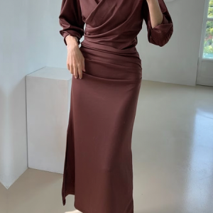 Regular Fit Shirt Collar Long Sleeve Elegant Maxi Dress, Maxi Dresses, color:Brown|size:XXL, Stylewe