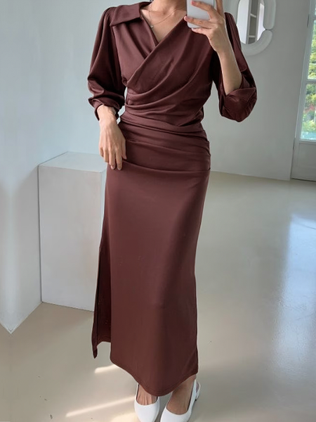 Regular Fit Shirt Collar Long Sleeve Elegant Maxi Dress, Maxi Dresses, color:Brown|size:XXL, Stylewe