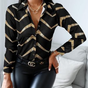 Bronzing Chevron Print Long Sleeve Top, Blouses & Shirts, chicme - Women's Fashion Online