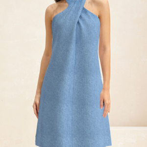 Women Plain Halter Short Sleeve Comfy Casual Short Dress, Dresses, color:Blue|size:XXL, Noracora