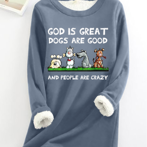 Women‘s God Is Great Dog Is Good And People Are Crazy Crew Neck Simple Animal Loose Fleece Sweatshirt, Hoodies&Sweatshirts, Lilicloth.com