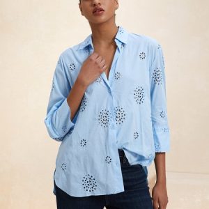 Women Shirt Hollow Out Shirt Collar Long Sleeve Plain Regular Loose Blouse, Shirts, color:Blue|size:XXL, catalog Noracora shop
