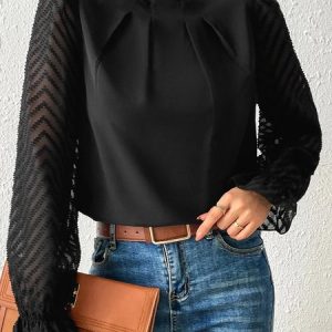 Long Sleeve Plain Mesh Regular Loose Shirt For Women, Blouses, color:Black|size:XXL, Noracora