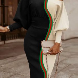 Crew Neck Color Block Elegant Midi Dress, Midi Dresses, color:As Picture|size:XXL, Stylewe