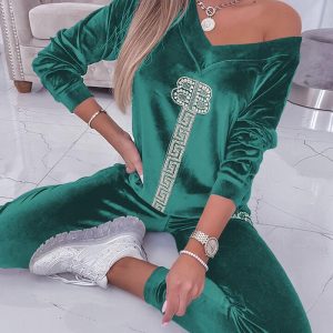 Rhinestone Geometric Letter Pattern Velvet Top & Pants Set, Two-piece Sets, chicme - Women's Fashion Online