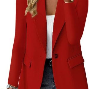 Women's Lapel Collar Lightweight Loose Blazer, Blazers, color:Red|size:XXL, Noracora