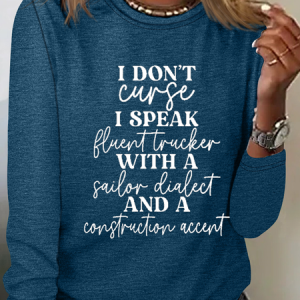 Women Text Letters Long Sleeve Blouse Spring/Fall Crew Neck Daily Casual Top, JustFashionNow Shirts, color:Blue|size:3XL,