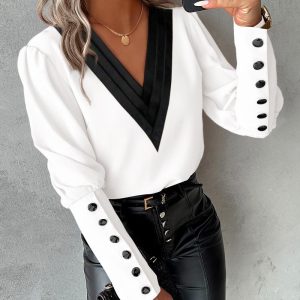 Contrast Paneled Gigot Sleeve Buttoned Top, Blouses & Shirts, chicme - Women's Fashion Online