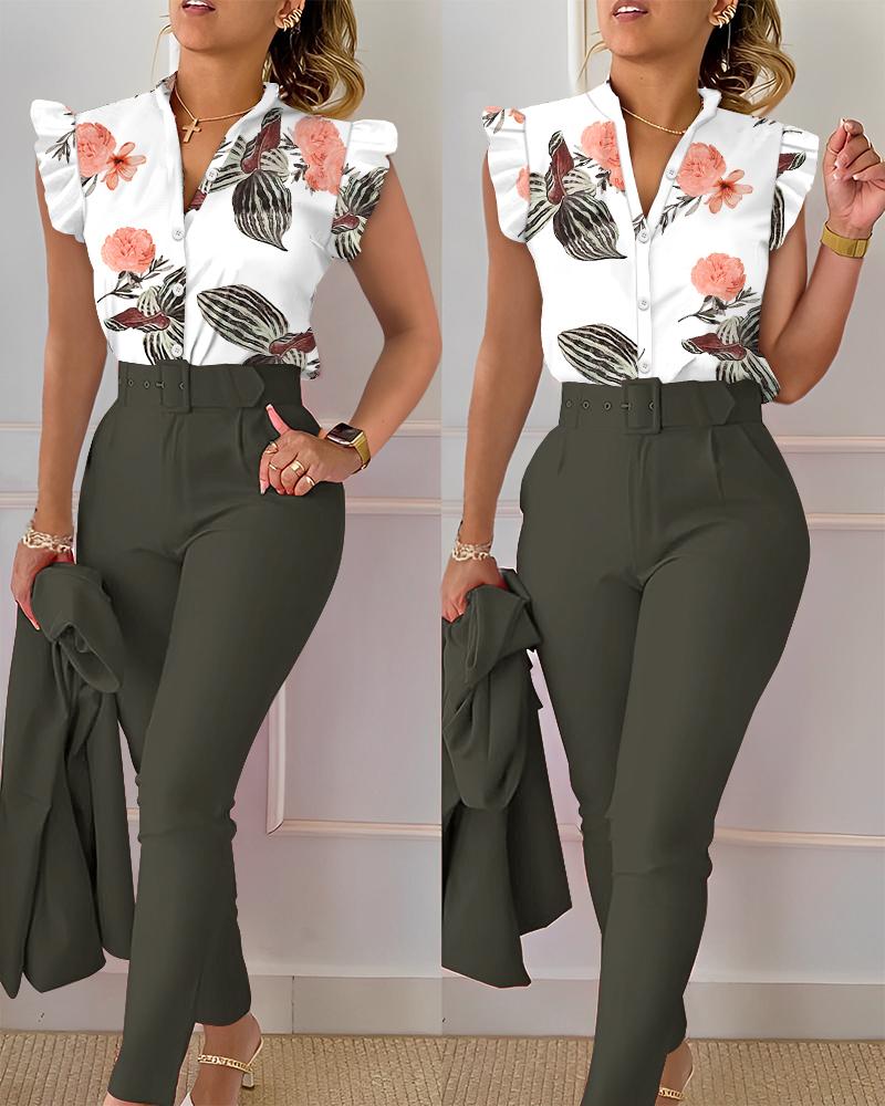 Tropical Print Flutter Sleeve Top & Pants Set With Belt, Two-piece Sets, ChicMe catalog